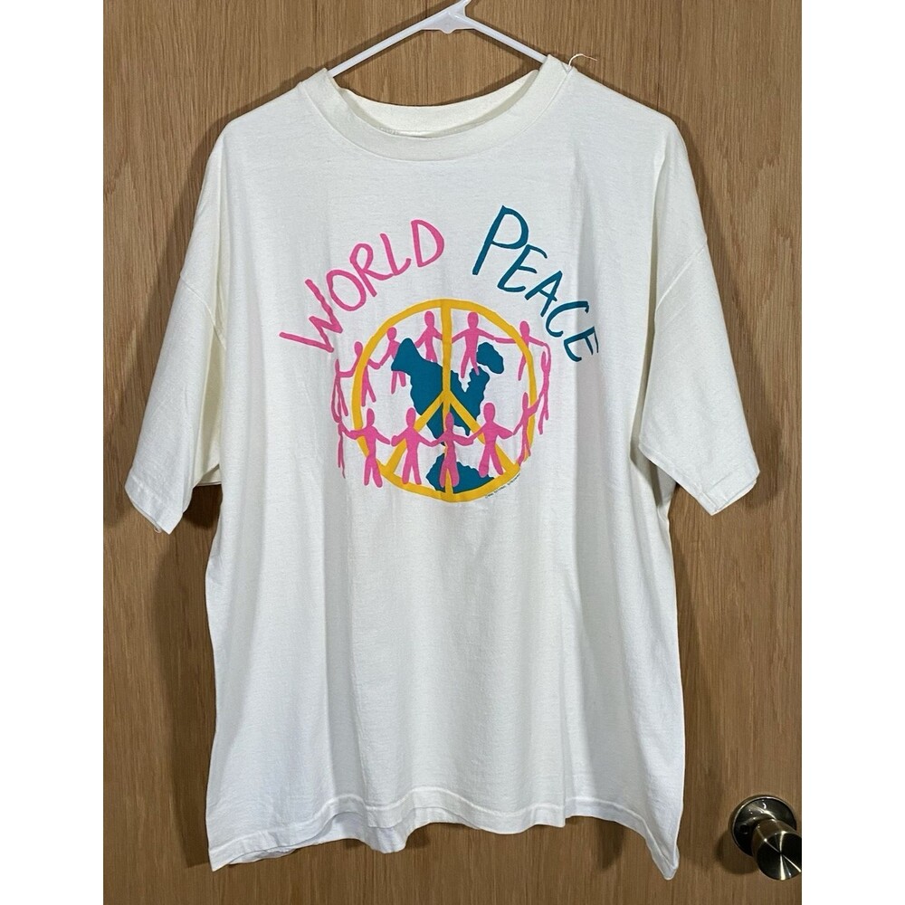 Vtg 90's Single Stitch Graphic T-Shirt World Peace Sign National Screen Print 2X